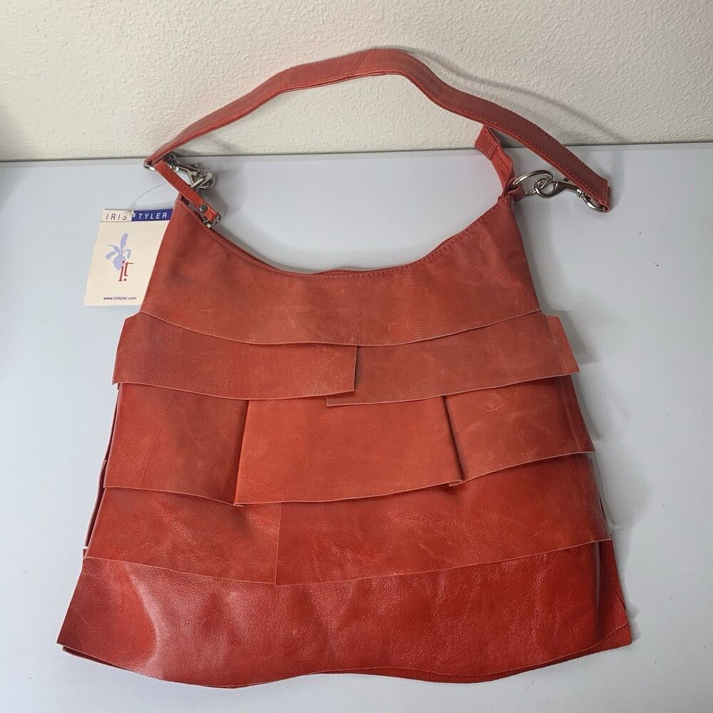 Iris Tyler Leather Layered Ruffles Red Shoulder Purse Bag Zip